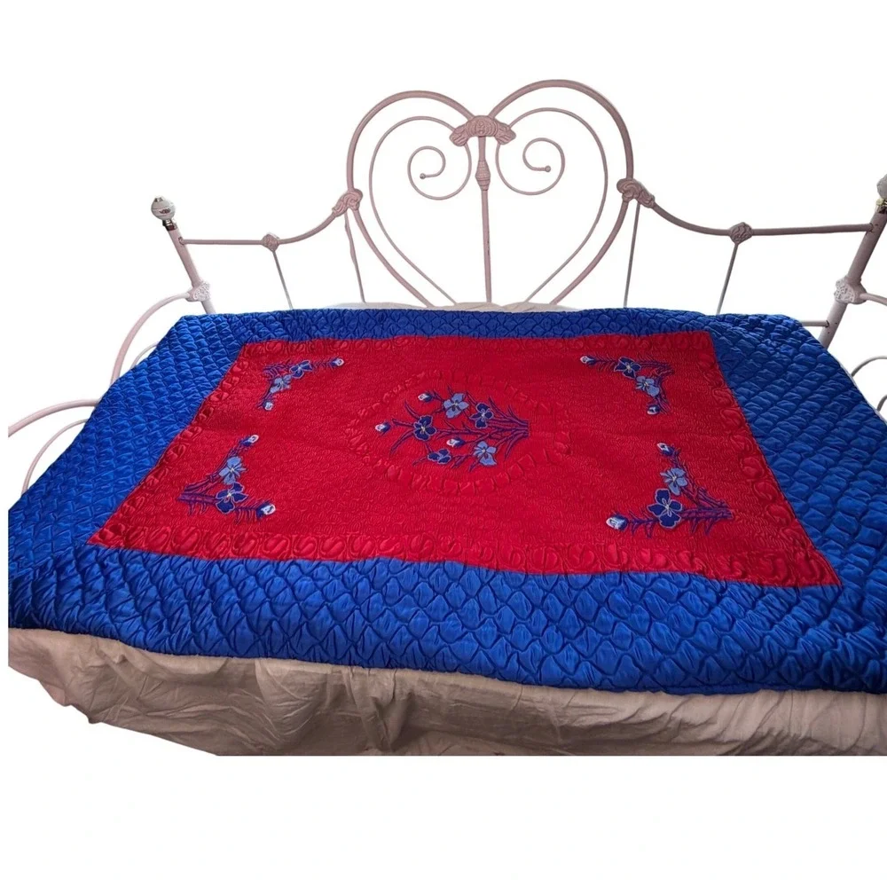 Vintage Asian Quilted Embroidered Duvet Cover‎ Set of 2 Red Blue Floral Boho VTG